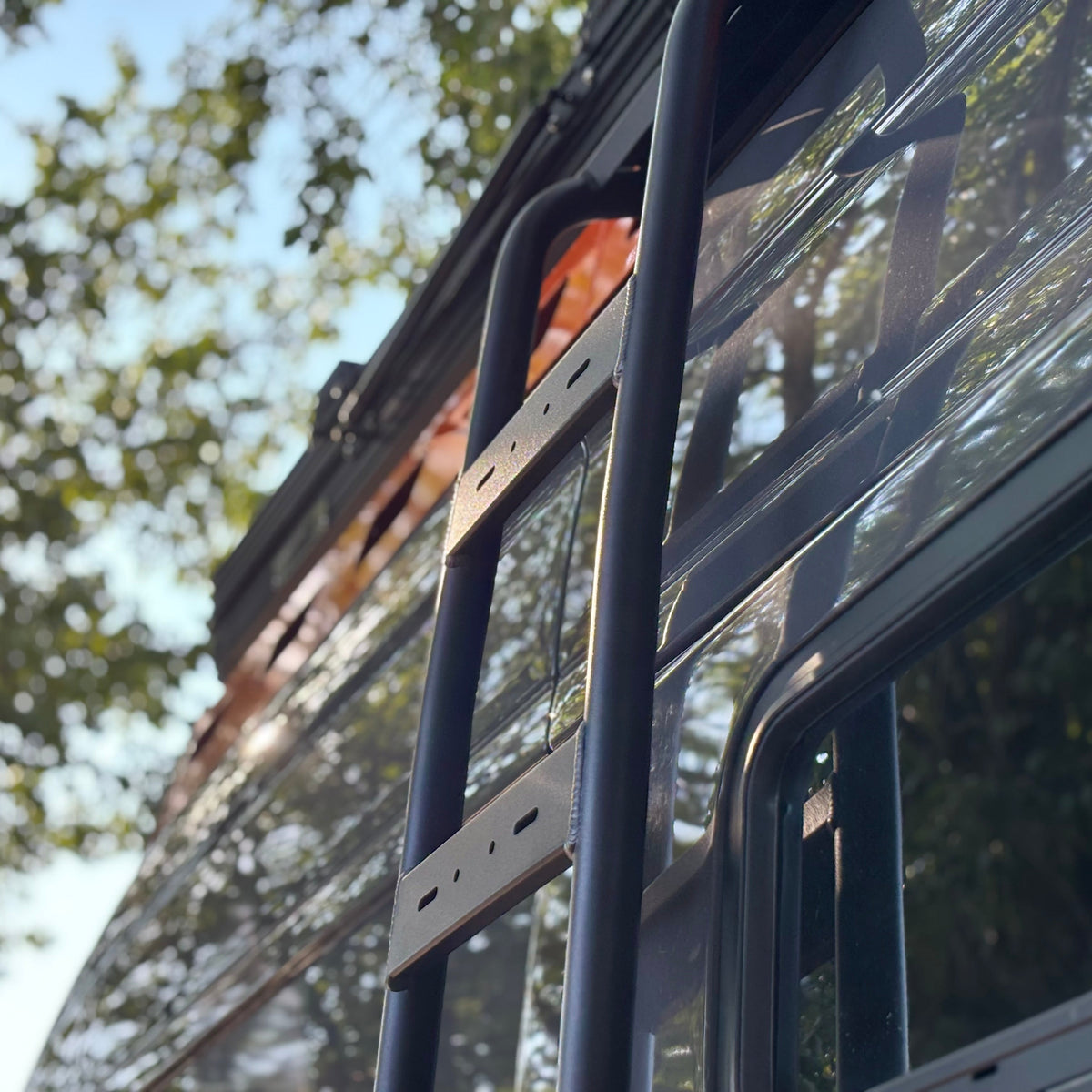 Mercedes Sprinter van side ladder by avatar offroad, black steel with perforated steps on Tampa Home & Garden Store