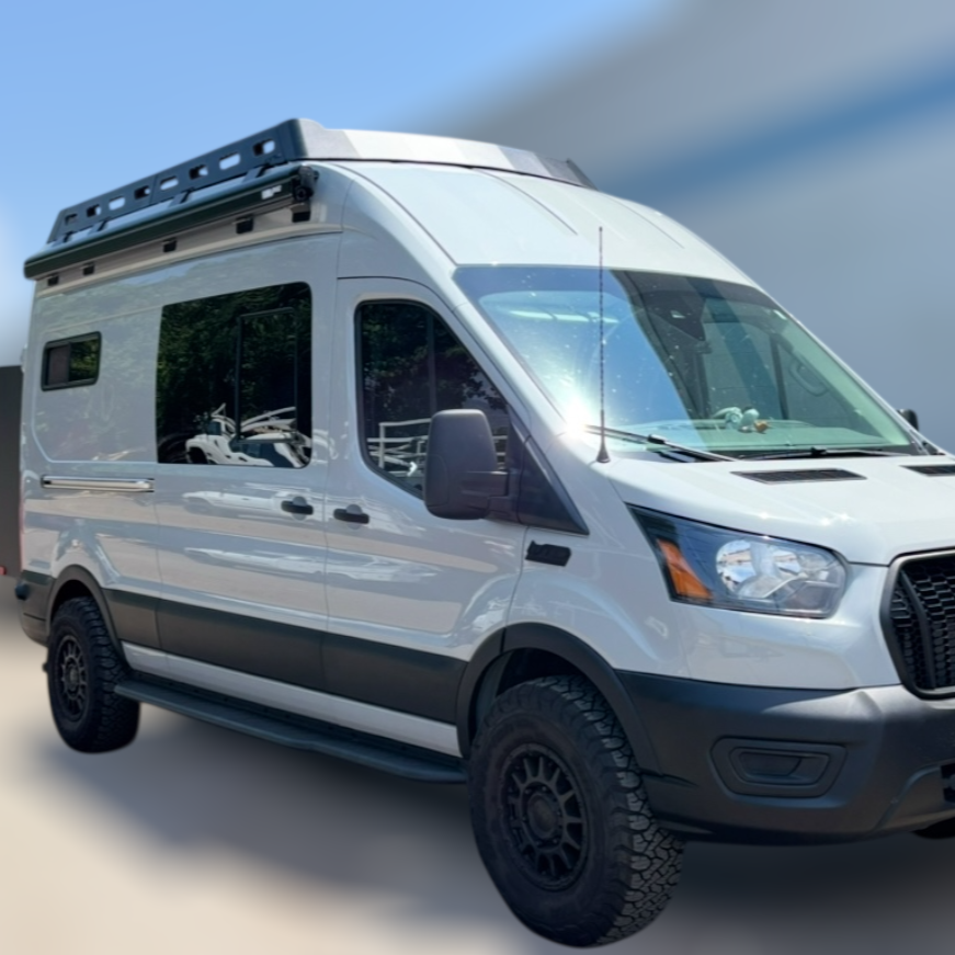 Avatar Pioneer Transit Roof Rack on white van, black steel cargo rack with crossbars on Tampa Home & Garden Store