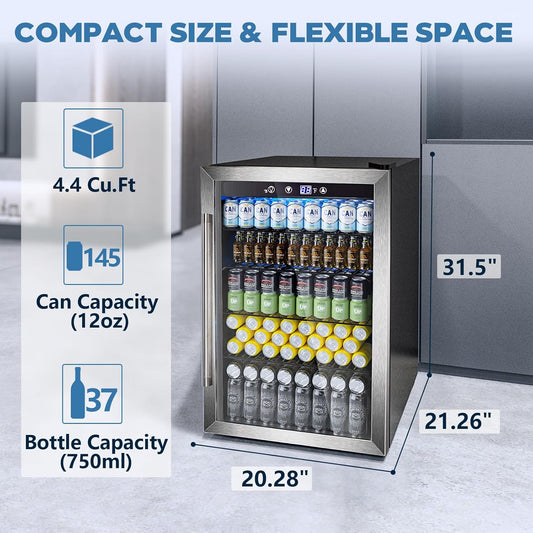 Refrigerador de bebidas de 4.4 pies cúbicos, mini refrigerador con puerta de vidrio para 145 latas W58128SSH 