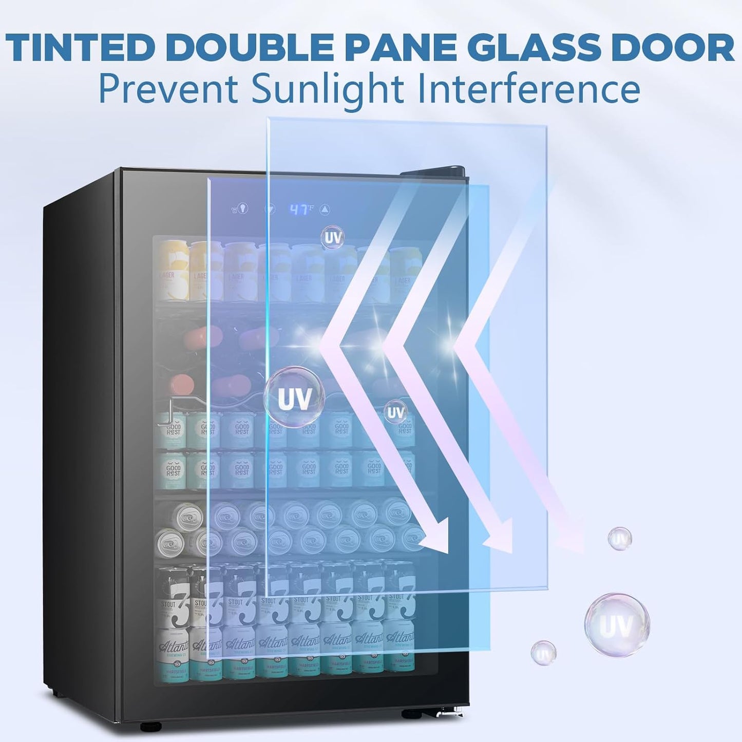 Refrigerador de bebidas de 4.5 pies cúbicos, mini refrigerador con puerta de vidrio para 145 latas W58128BH 