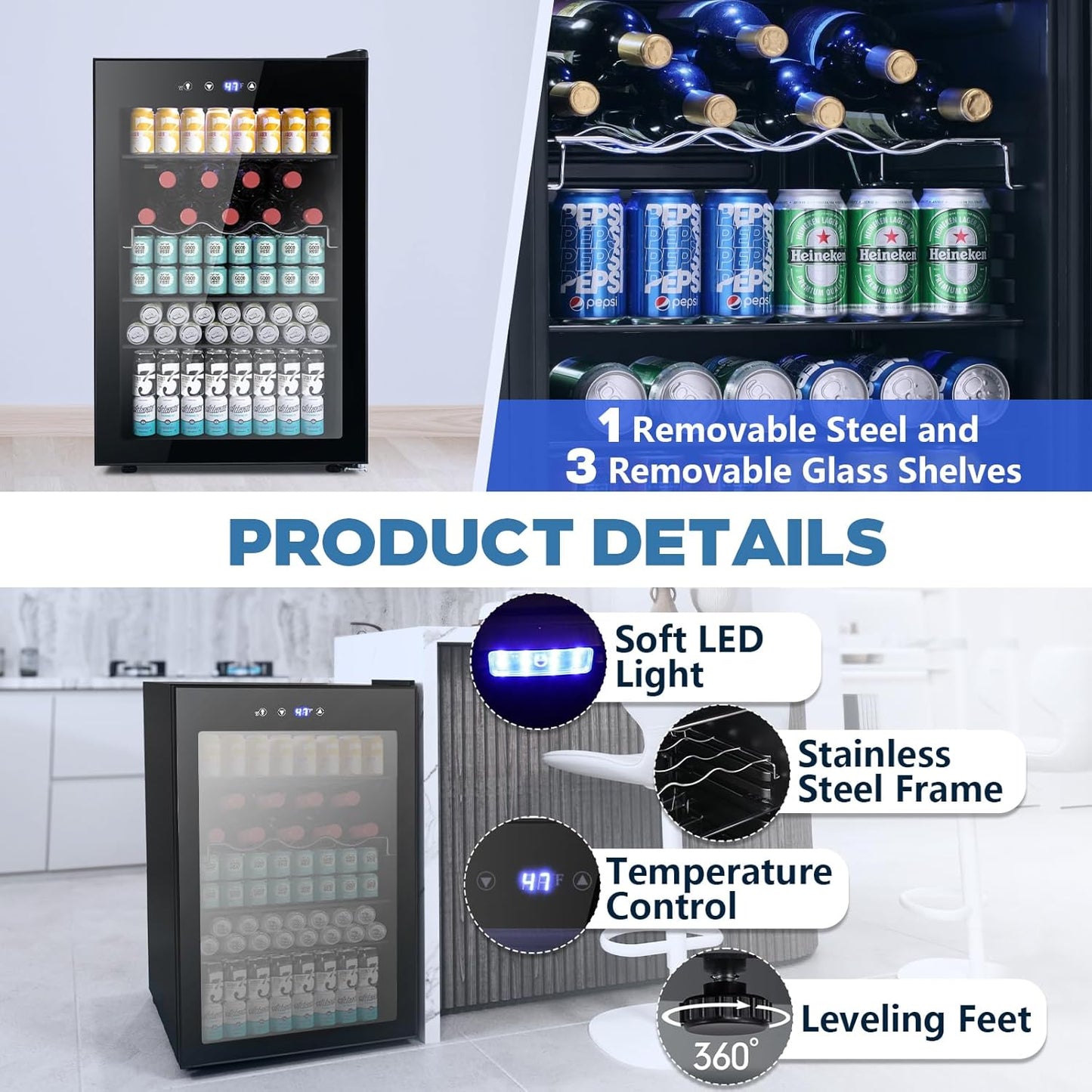 Refrigerador de bebidas de 4.5 pies cúbicos, mini refrigerador con puerta de vidrio para 145 latas W58128BH 