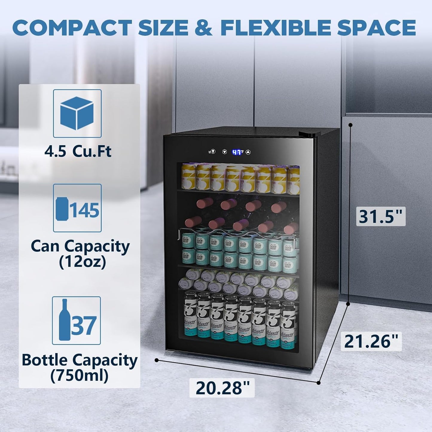 Refrigerador de bebidas de 4.5 pies cúbicos, mini refrigerador con puerta de vidrio para 145 latas W58128BH 