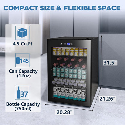 Refrigerador de bebidas de 4.5 pies cúbicos, mini refrigerador con puerta de vidrio para 145 latas W58128BH 