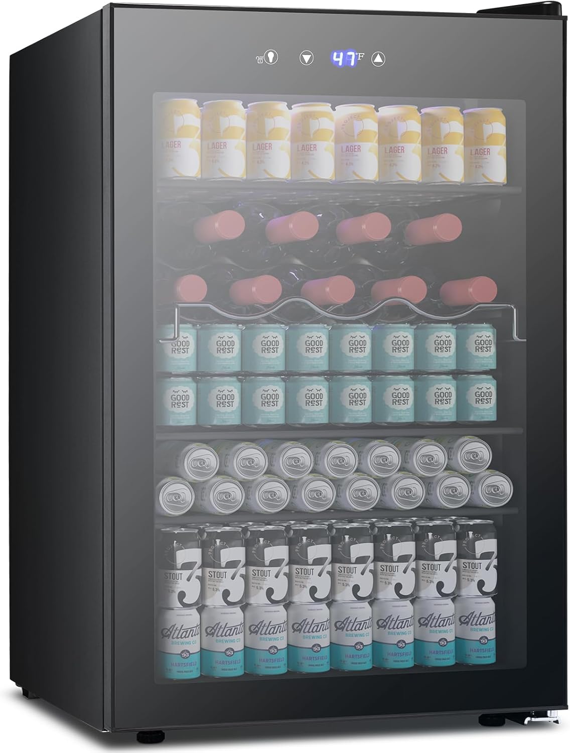 Refrigerador de bebidas de 4.5 pies cúbicos, mini refrigerador con puerta de vidrio para 145 latas W58128BH 