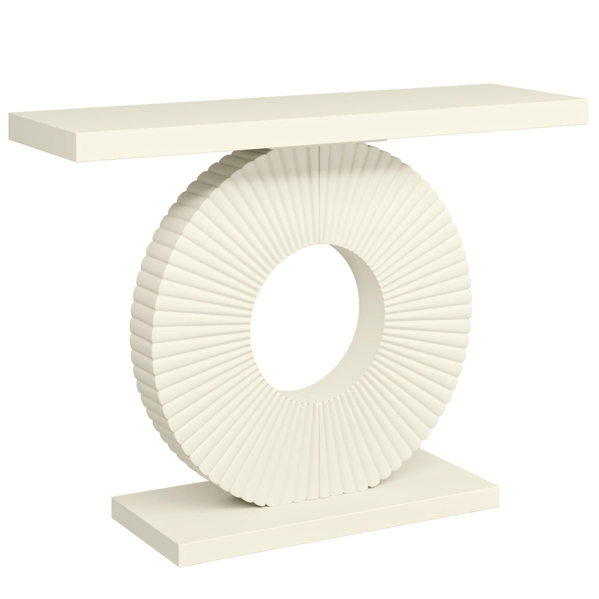 Modern console table with a sculptural circular ribbed base in ivory and a rectangular cream top on Tampa Home & Garden Store
