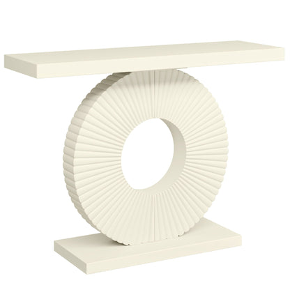 Modern console table with a sculptural circular ribbed base in ivory and a rectangular cream top on Tampa Home & Garden Store