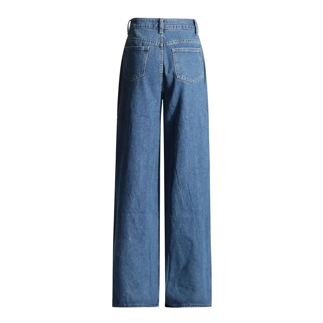 High Waist Hollowed Heart Shape Wide Leg Jeans, back view with back pockets in denim blue on Tampa Home & Garden Store