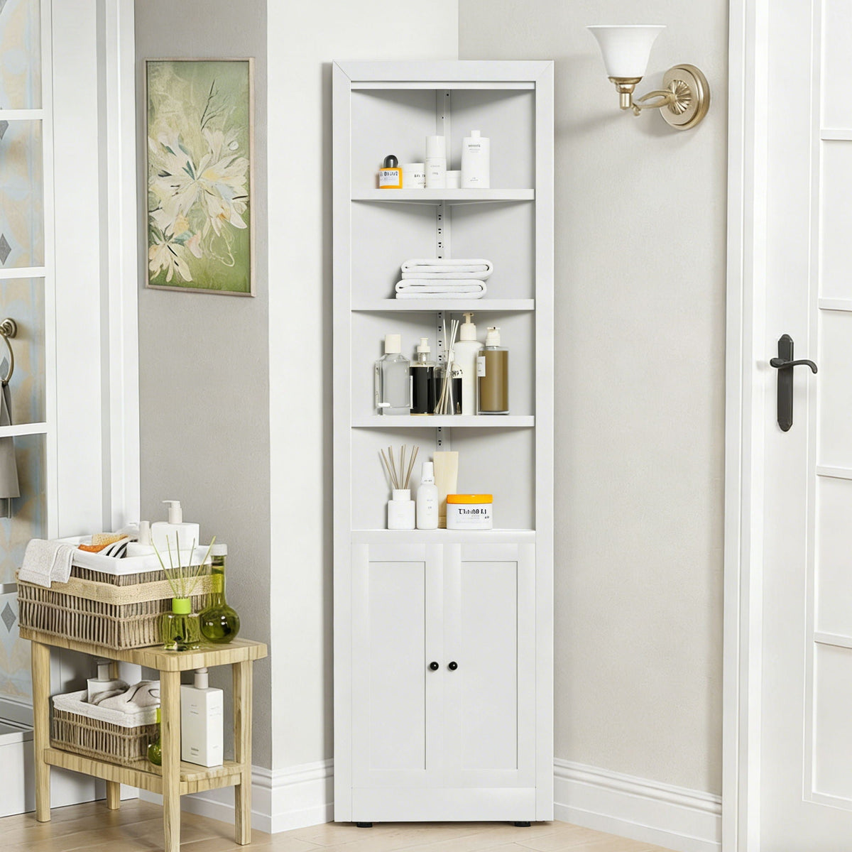 Tall white corner storage cabinet with 2 doors and 5 adjustable shelves HouseOfZazla on Tampa Home & Garden Store