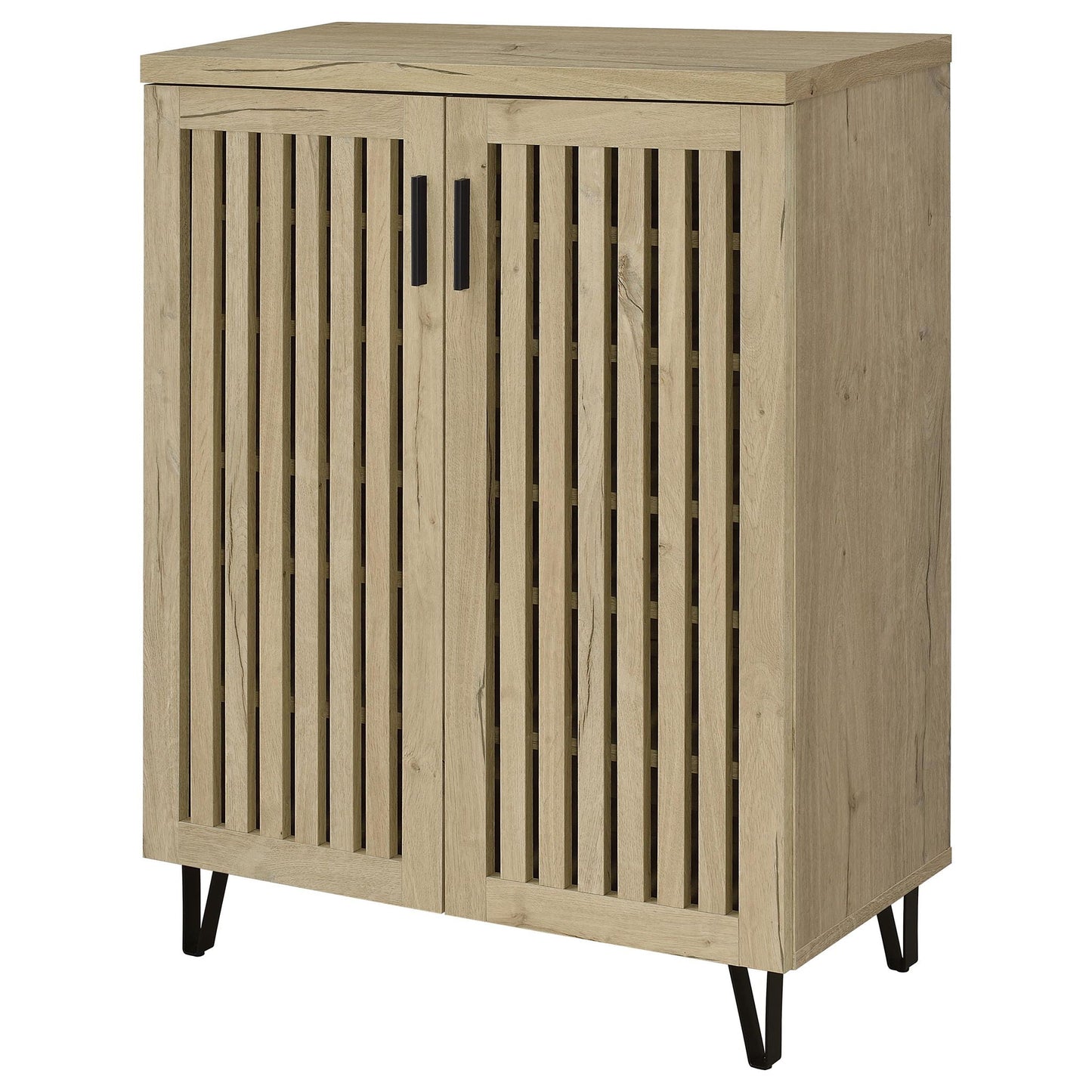 Clackamas 2-door storage cabinet with adjustable shelves in wood finish and slatted doors on Tampa Home & Garden Store