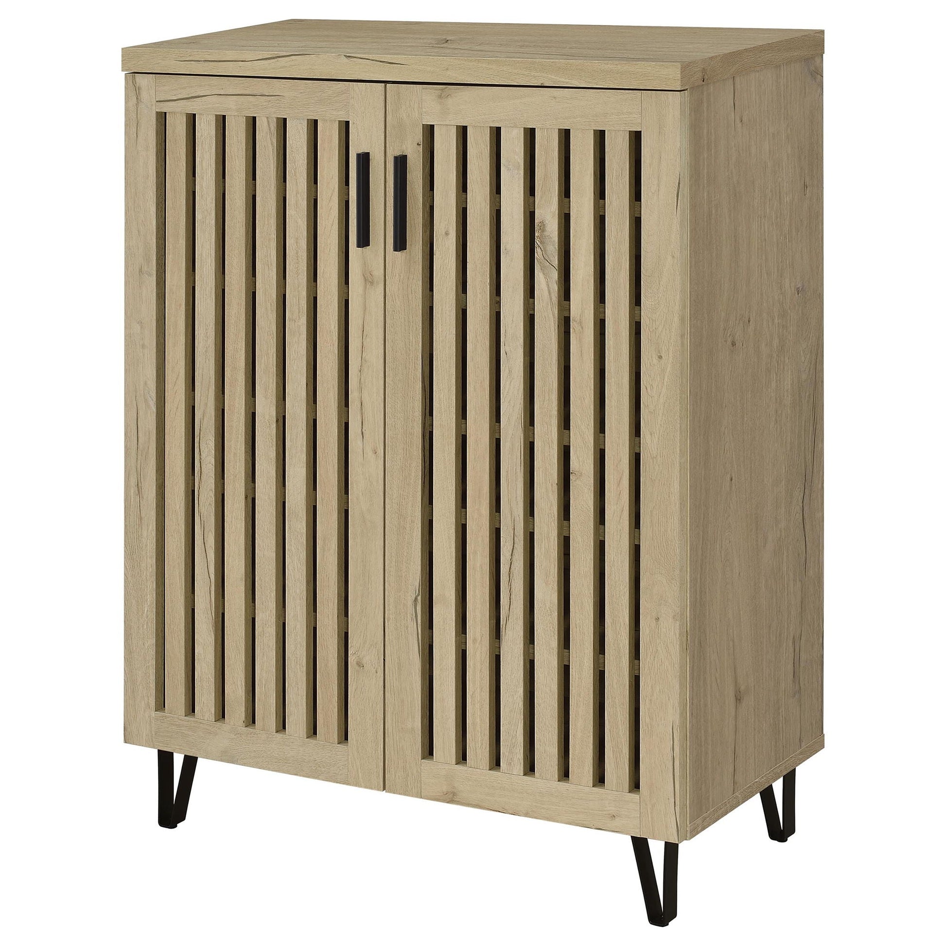 Clackamas 2-door storage cabinet with adjustable shelves in wood finish and slatted doors on Tampa Home & Garden Store