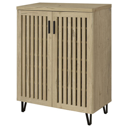 Clackamas 2-door storage cabinet with adjustable shelves in wood finish and slatted doors on Tampa Home & Garden Store
