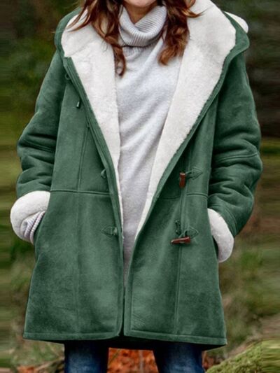 Full Size Pocketed Hooded Toggle Jacket in green faux suede with sherpa lining and pockets on Tampa Home & Garden Store