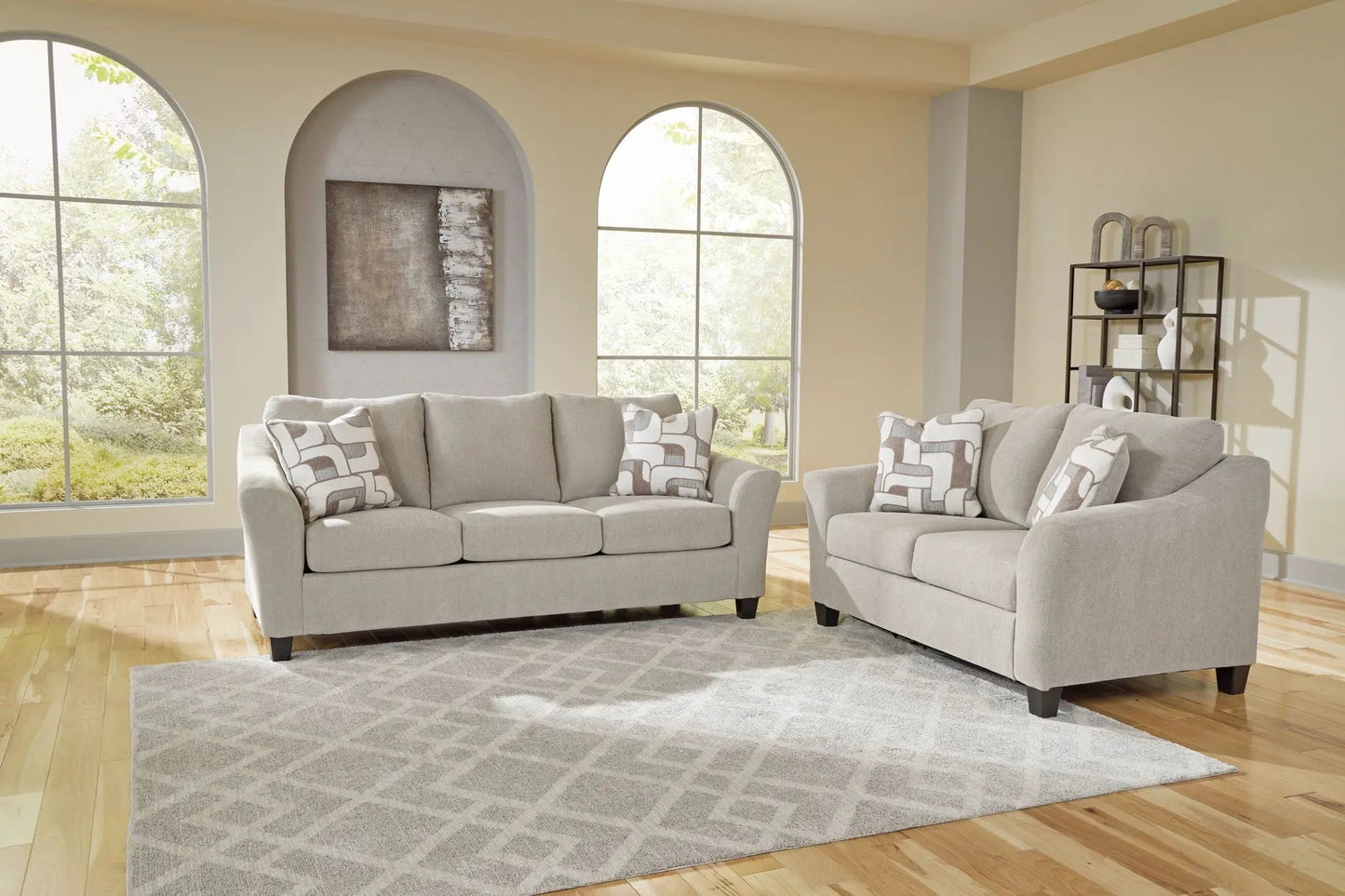 Willarae 2 Pc Taupe Sofa & Loveseat set by Unique Piece Furniture in a modern living room on Tampa Home & Garden Store
