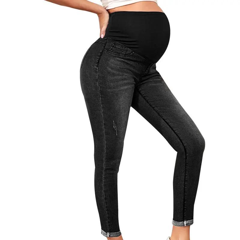 Maternity jeans high waist belly support, dark denim skinny fit with rolled cuffs on Tampa Home & Garden Store