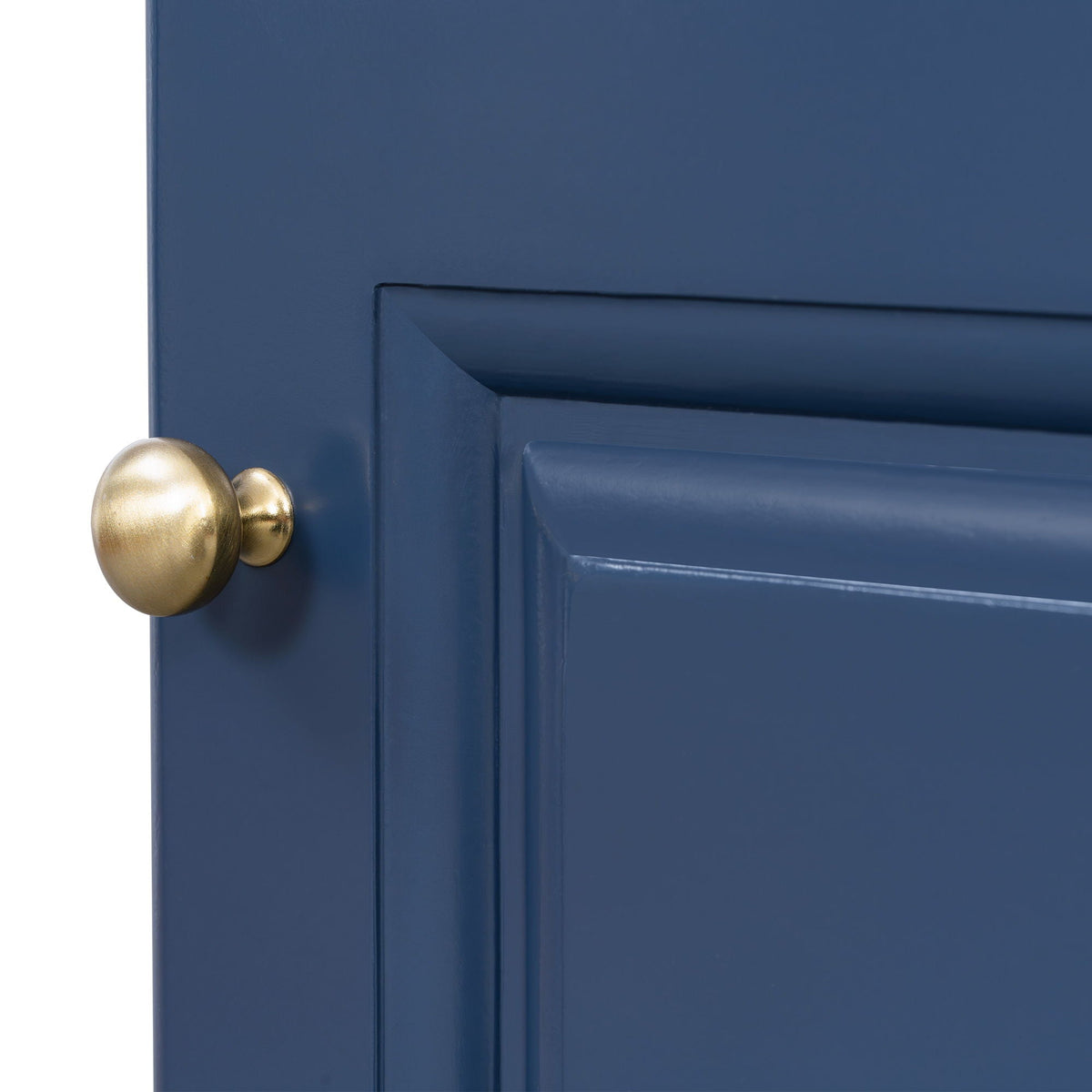 Blue bathroom vanity cabinet with brass knobs close-up hardware on Tampa Home & Garden Store