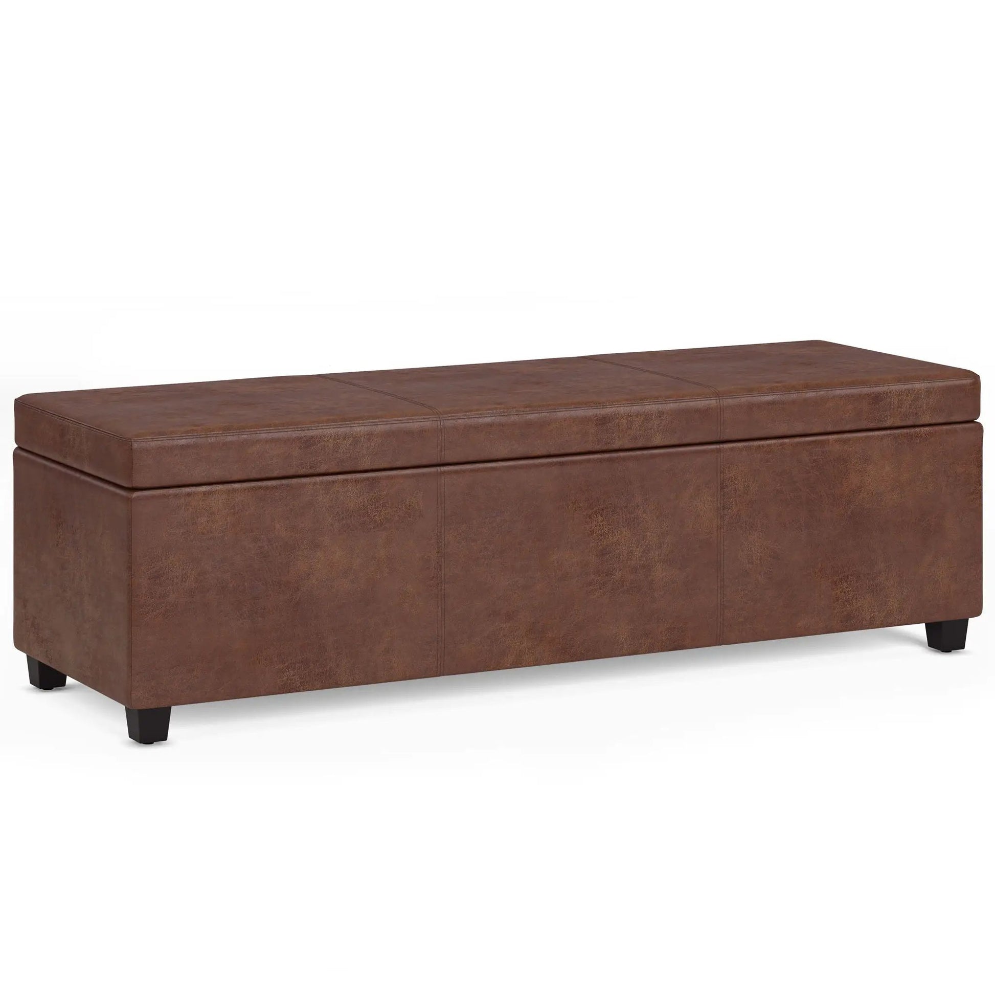 Avalon storage ottoman bench brown leather with stitched panels and short black legs on Tampa Home & Garden Store
