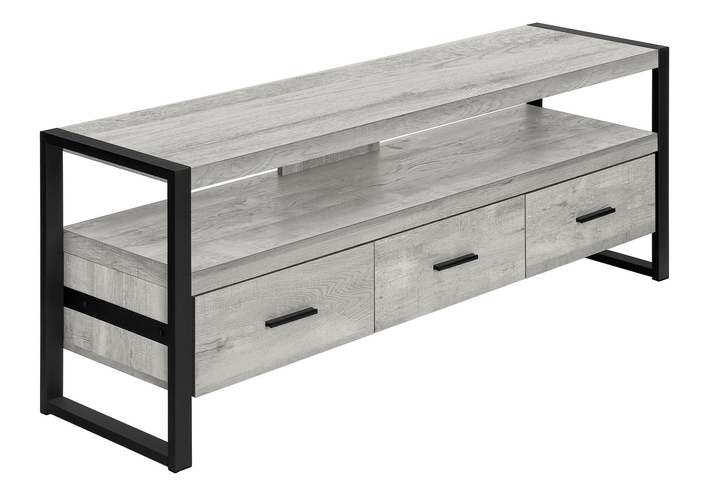TV stand console with light gray finish and black metal frame, 2 drawers and open shelf on Tampa Home & Garden Store