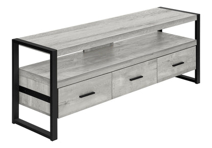TV stand console with light gray finish and black metal frame, 2 drawers and open shelf on Tampa Home & Garden Store
