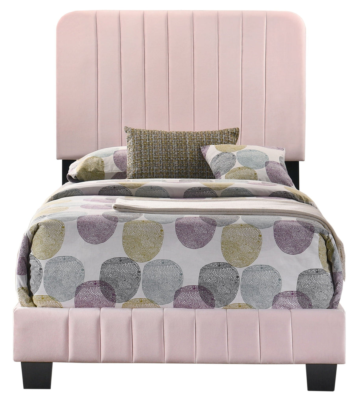 Channel Tufted Bed in soft pink fabric with vertical tufting and dark legs by HouseOfZazla on Tampa Home & Garden Store