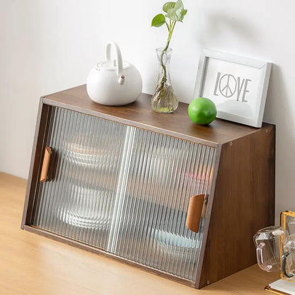 Japanese-style small glass kitchen cabinet in solid wood with ribbed doors and handles on Tampa Home & Garden Store
