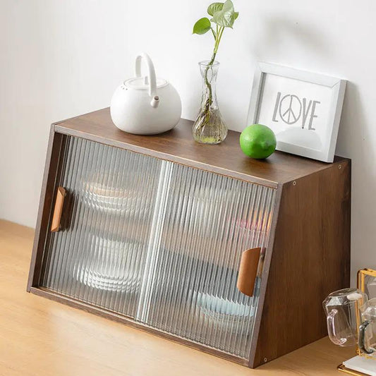 Japanese-style small glass kitchen cabinet in solid wood with ribbed doors and handles on Tampa Home & Garden Store