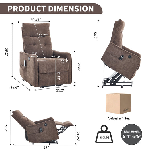HouseOfZazla brown chenille single-motor power lift recliner chair dimension diagram on Tampa Home & Garden Store