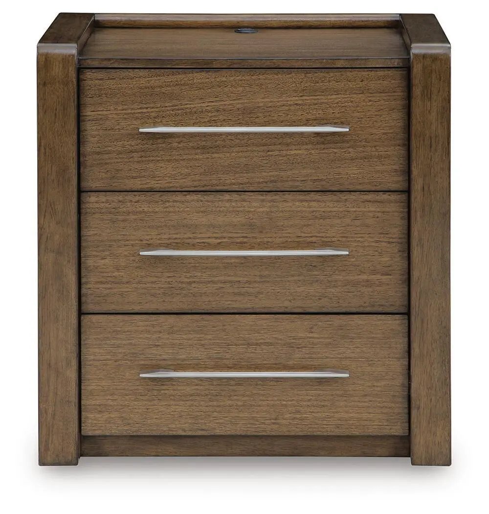 Marxmore three-drawer brown wood nightstand with silver bar pulls and built-in charging station on Tampa Home & Garden Store