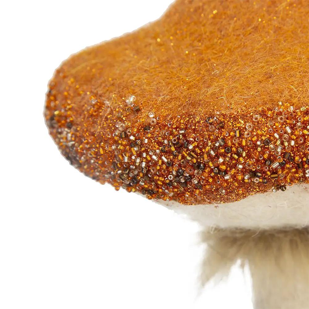 Mushroom holiday ornament with beige/orange bead-covered cap and fuzzy stem; set of 2 on Tampa Home & Garden Store