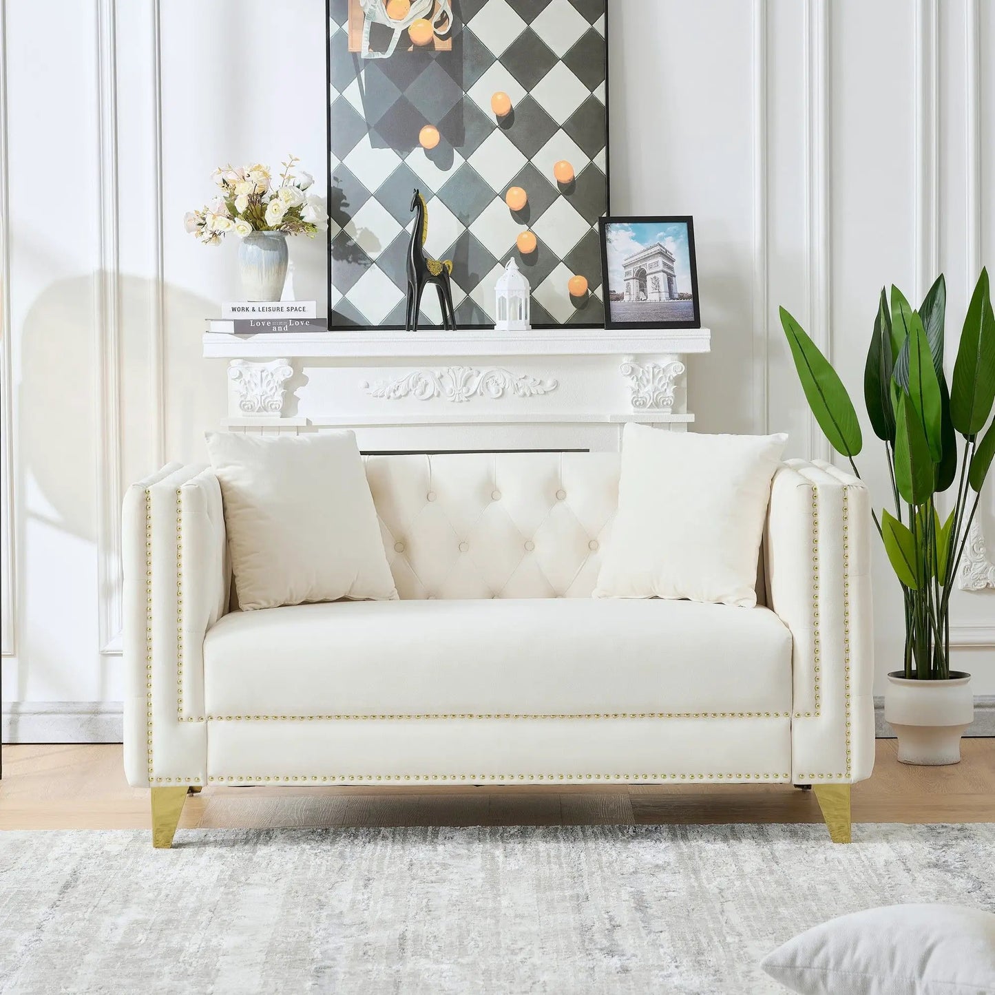 2 Seater deep-seat sofa with button nailhead and square arms in white tufted upholstery on Tampa Home & Garden Store