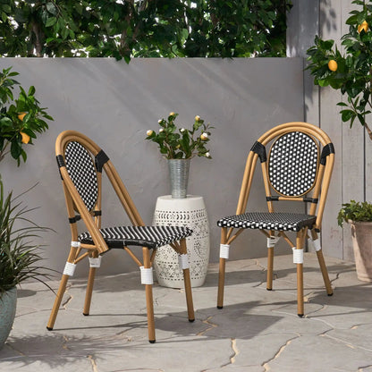 Outdoor rattan-aluminum French Bistro Chair Set, 2 chairs with black-and-white woven seats on Tampa Home & Garden Store