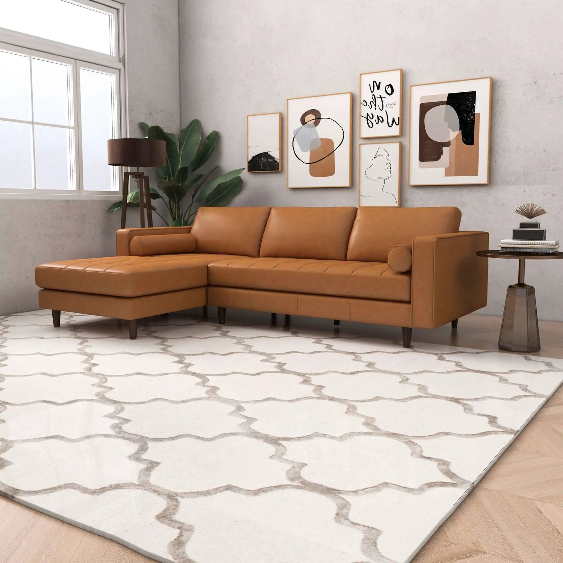 Anthony Corner Sectional Sofa tan leather by Unique Piece Furniture in a chic living room on Tampa Home & Garden Store