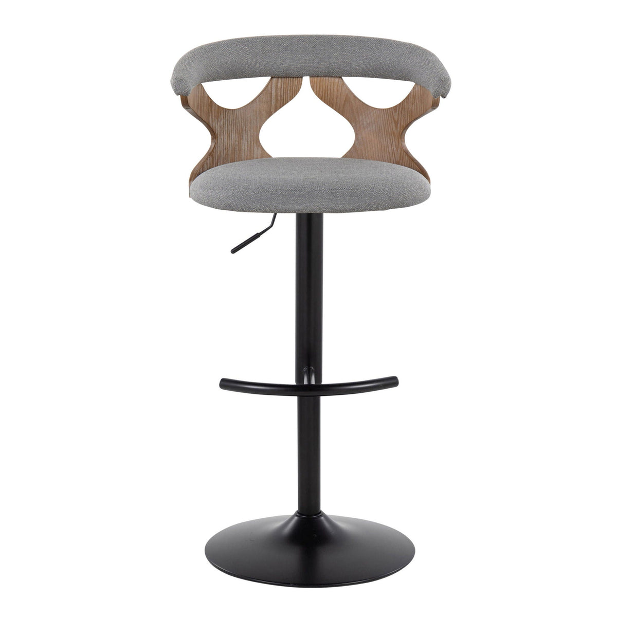 Contemporary adjustable barstool with swivel, grey fabric seat and wood back, black base on Tampa Home & Garden Store