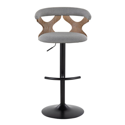 Contemporary adjustable barstool with swivel, grey fabric seat and wood back, black base on Tampa Home & Garden Store