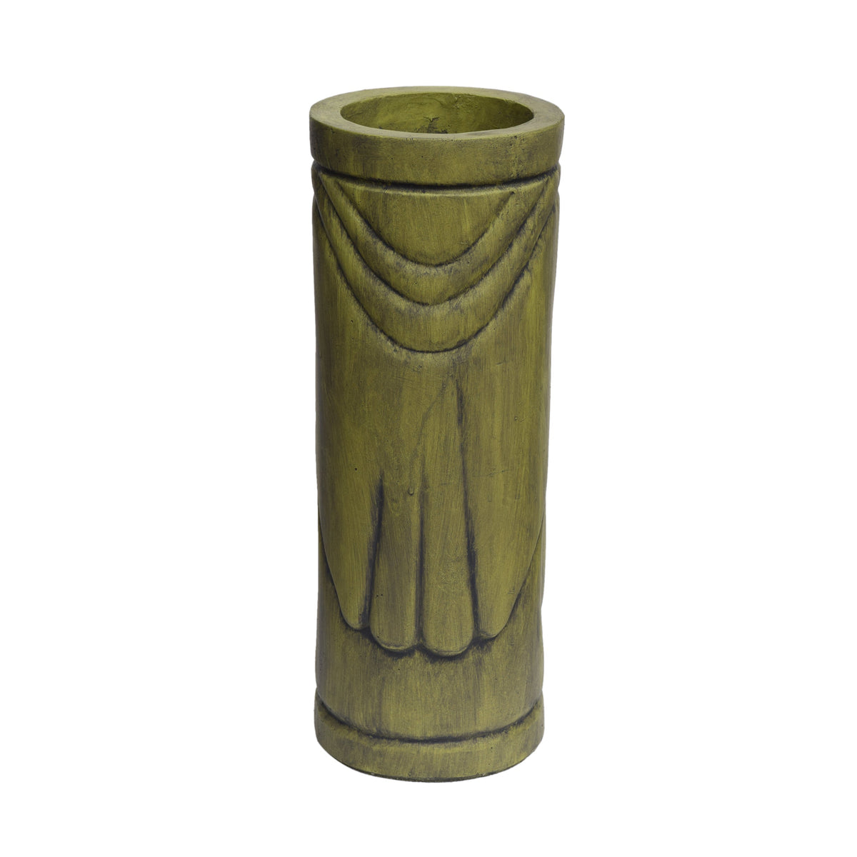 Stone statue urn planter with antique green finish and carved rope motif on Tampa Home & Garden Store
