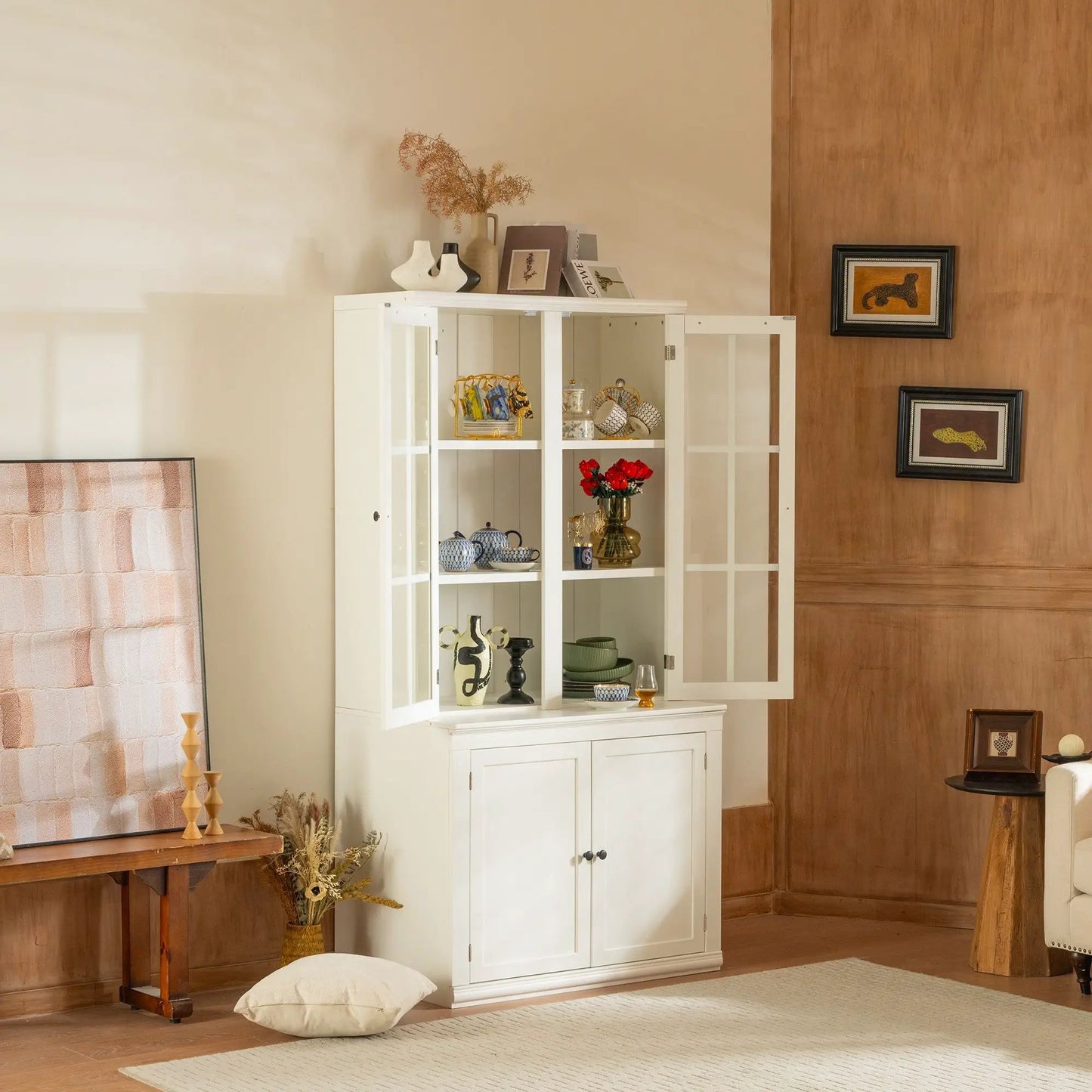 Retro Hutch Cabinet With Glass Doors for Home