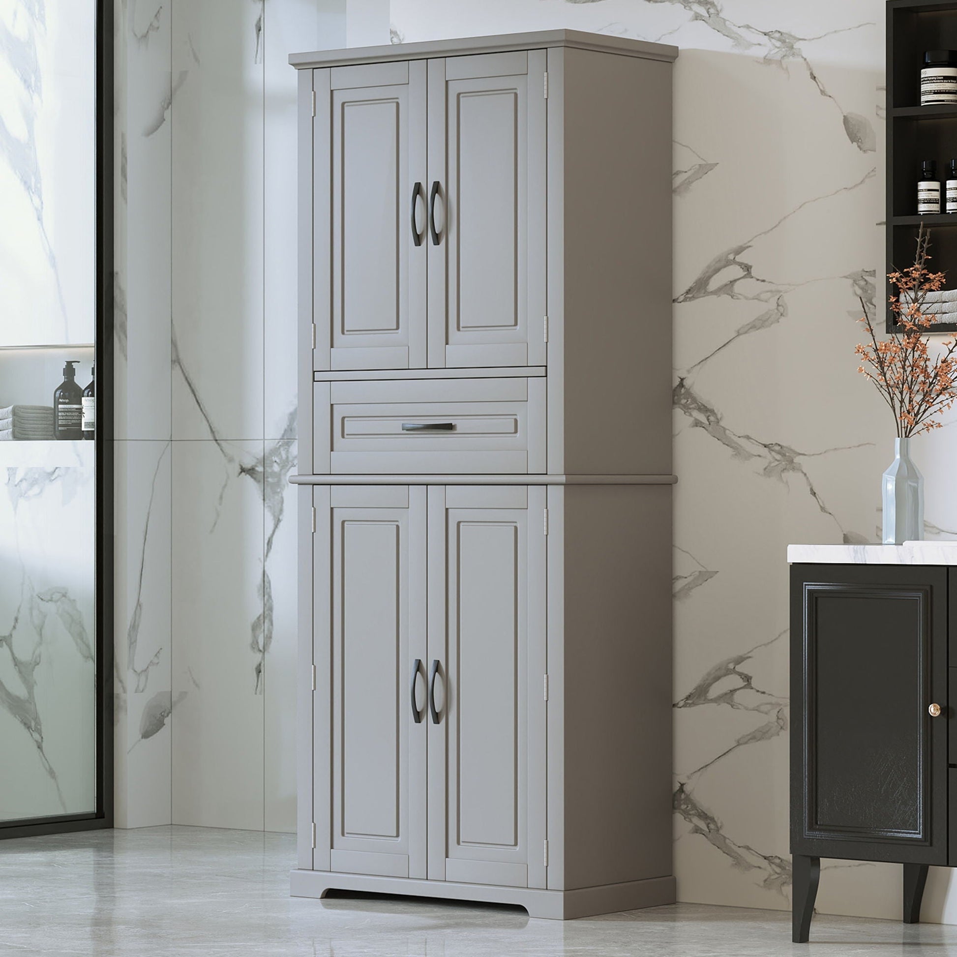 Bathroom linen cabinet by HouseOfZazla with two panel doors, gray finish on Tampa Home & Garden Store