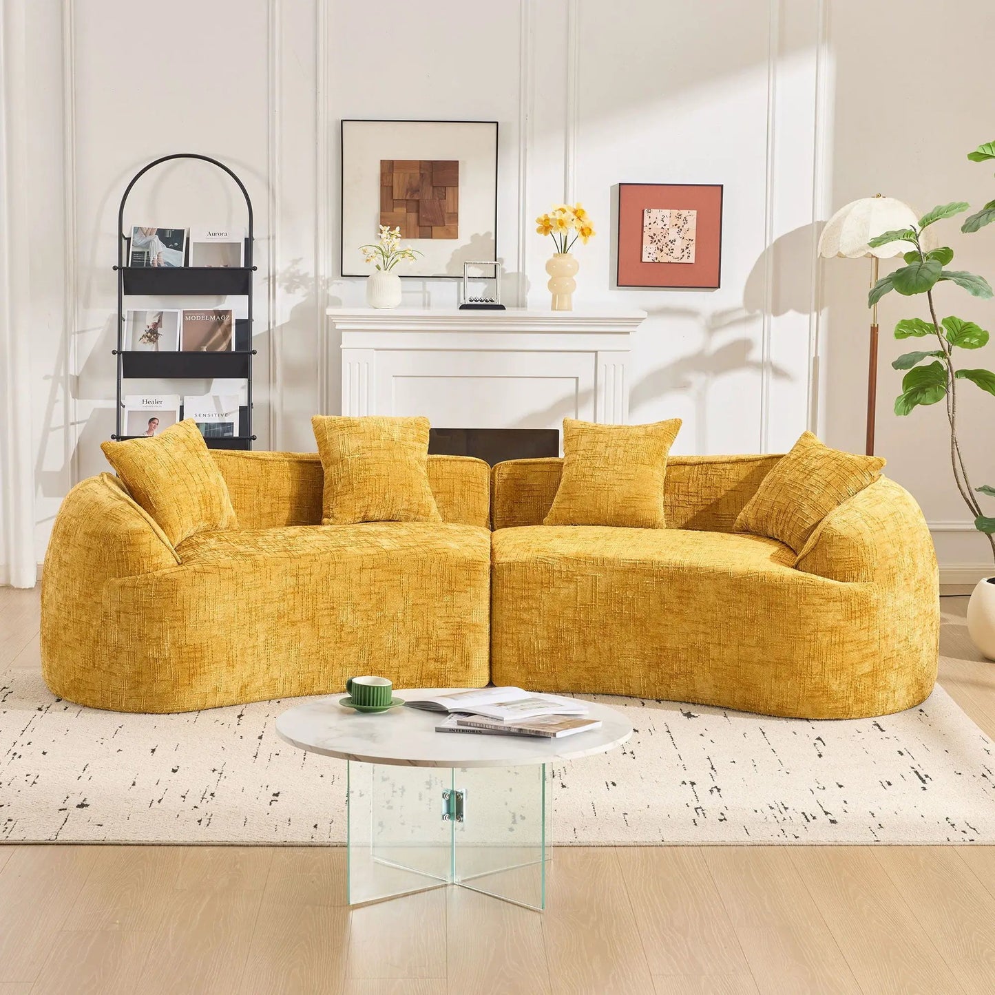 Curved Compressed Sofa in mustard-yellow fabric with plush cushions, Nordic living room on Tampa Home & Garden Store