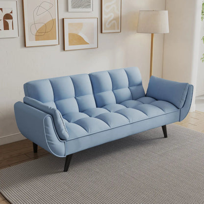Blue futon sofa with two armrests and tufted cushions for small spaces on Tampa Home & Garden Store