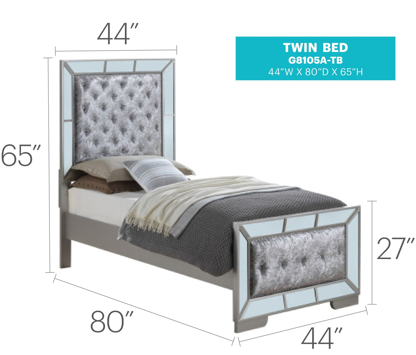Twin bed panel with tufted gray headboard and mirrored frame, HouseOfZazla on Tampa Home & Garden Store