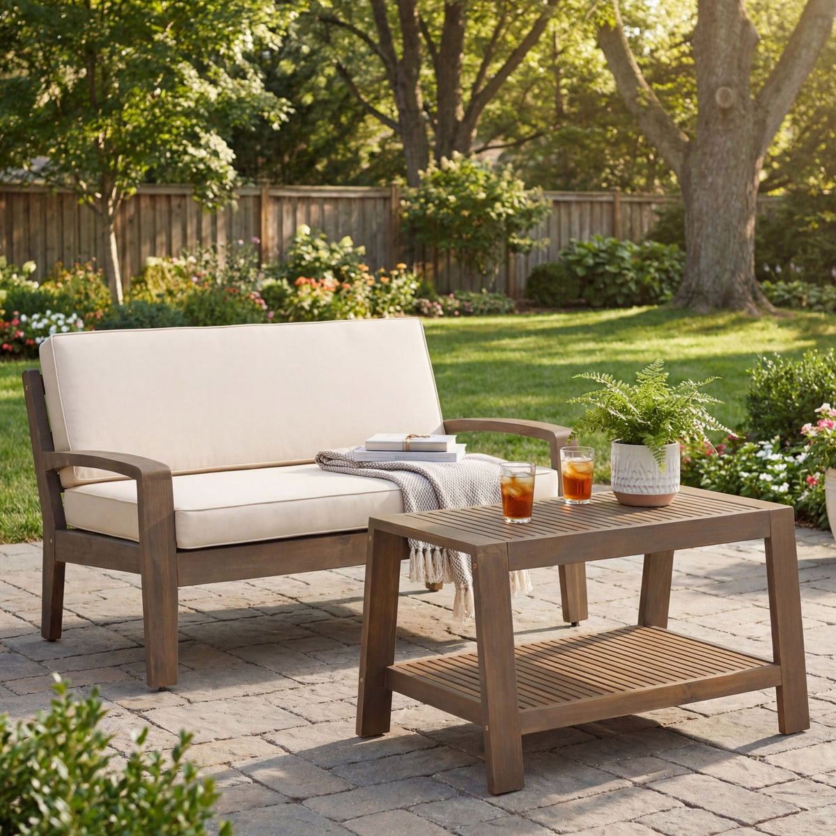 2 Piece Outdoor Conversation Set: Loveseat & Coffee Table in brown wood with beige cushions on Tampa Home & Garden Store
