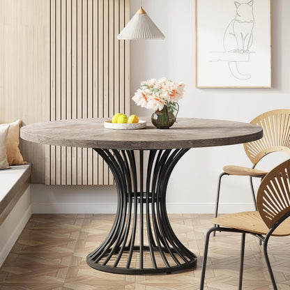 Round Dining Table for 4–6 with Sculpted Metal Base - Gray/Black, gray wood top on Tampa Home & Garden Store