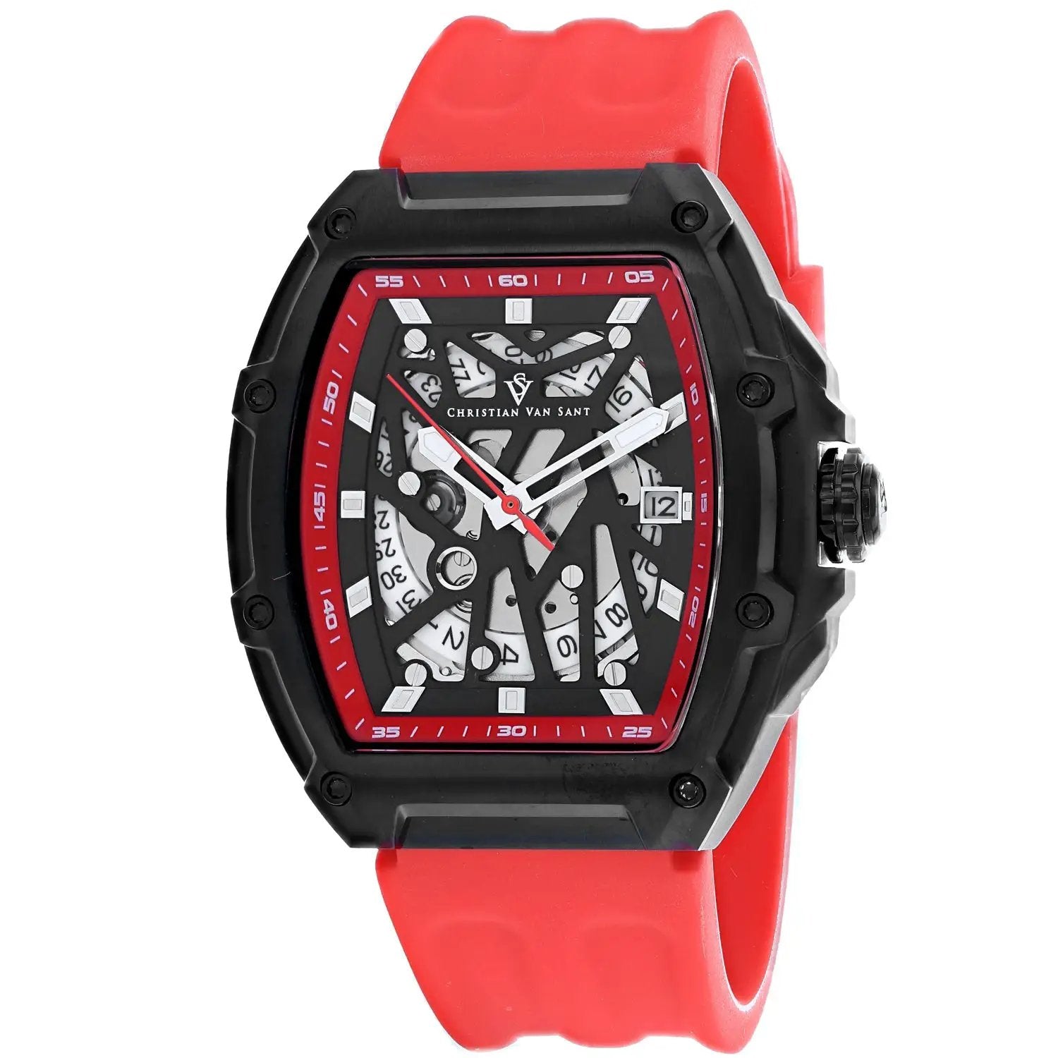 Christian Van Sant Odyssey watch with black tonneau case, red bezel, skeleton dial, red strap on Tampa Home & Garden Store