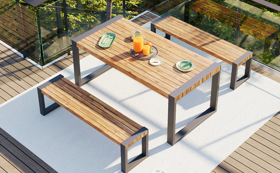 Three Piece Outdoor Dining Set and Two Benches