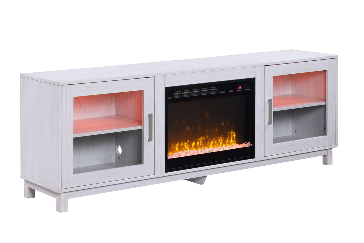 White Walnut Fireplace TV Stand Console with Heater, 70 Inch, side cabinets and glowing fire on Tampa Home & Garden Store