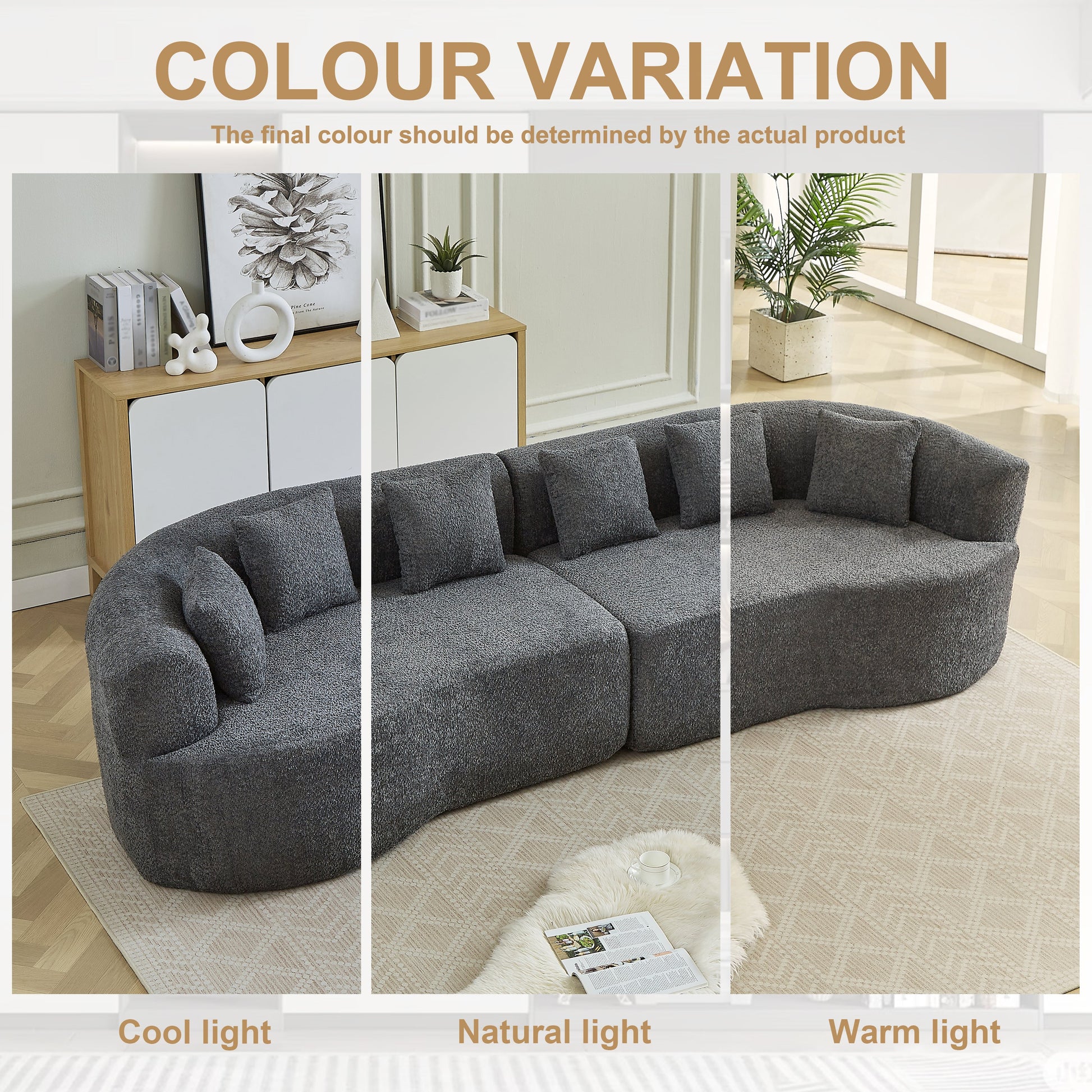 Curved Sectional Sofa by HouseOfZazla in dark gray textured fabric with oversized cushions on Tampa Home & Garden Store