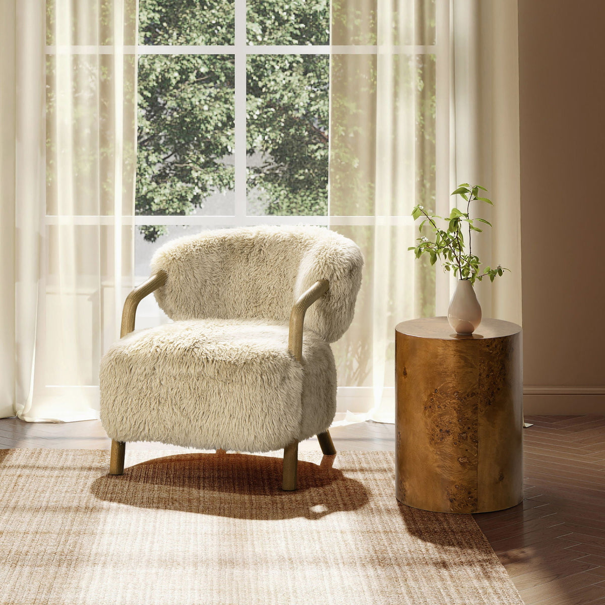 Rustic Oak Sheepskin Upholstered Arm Chair in taupe with ergonomic comfort by HouseOfZazla on Tampa Home & Garden Store