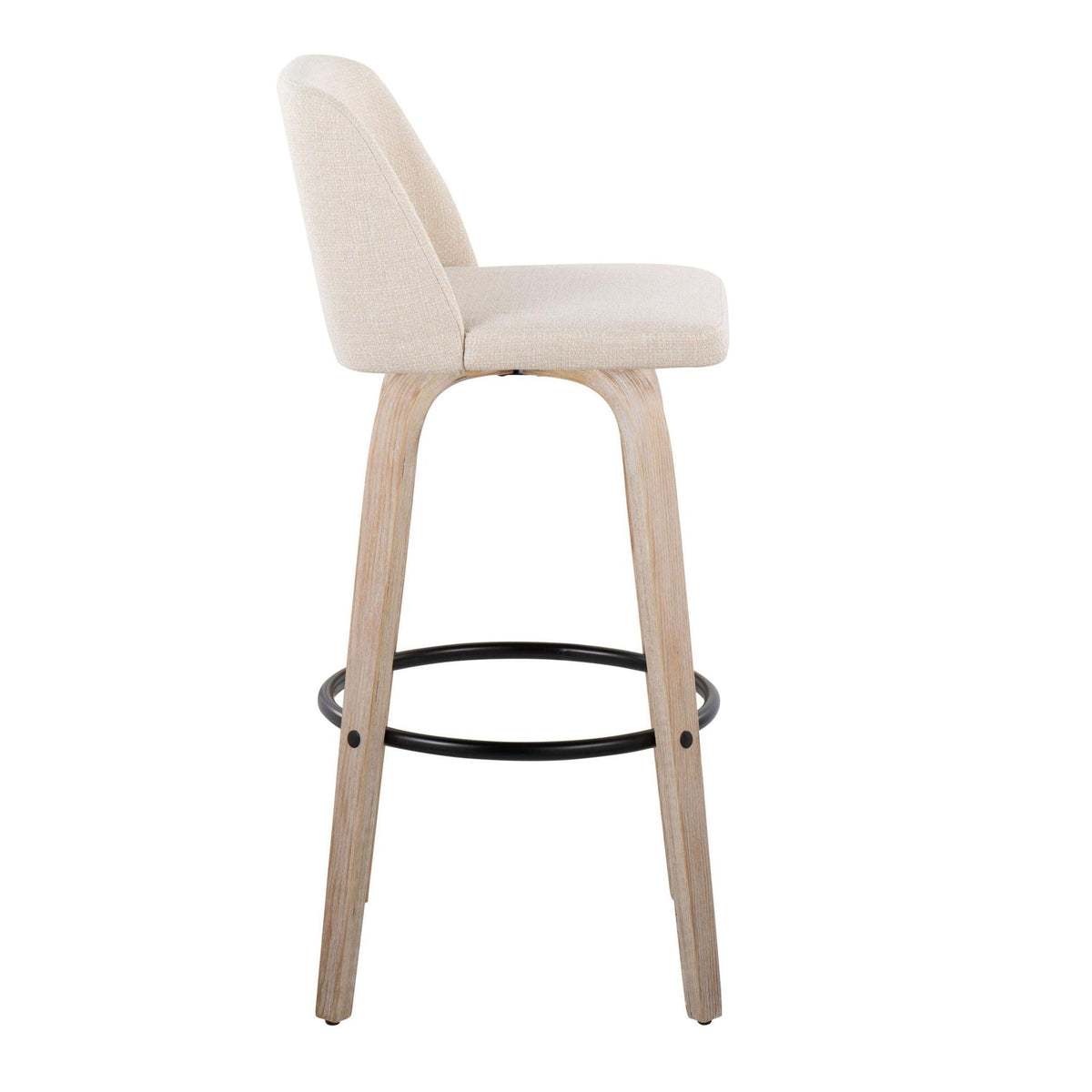 Bar stool beige upholstered mid-century modern with natural wood legs and black ring footrest on Tampa Home & Garden Store