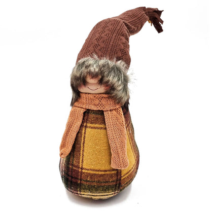 Gnome figurine with brown knitted hat and orange scarf, fall decor on Tampa Home & Garden Store