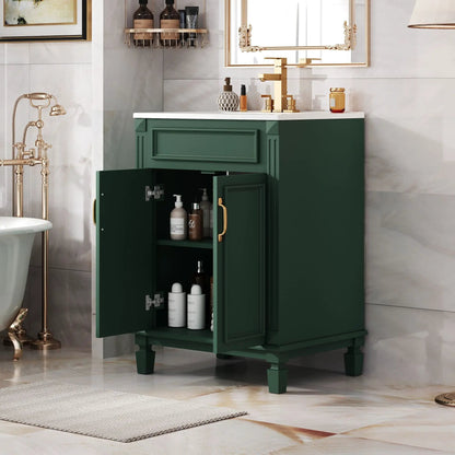 Bathroom vanity with top sink by Unique Piece Furniture, green cabinet, gold faucet on Tampa Home & Garden Store