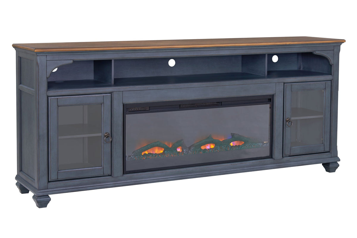 Blue fireplace TV stand with glass doors and built-in electric fireplace insert on Tampa Home & Garden Store